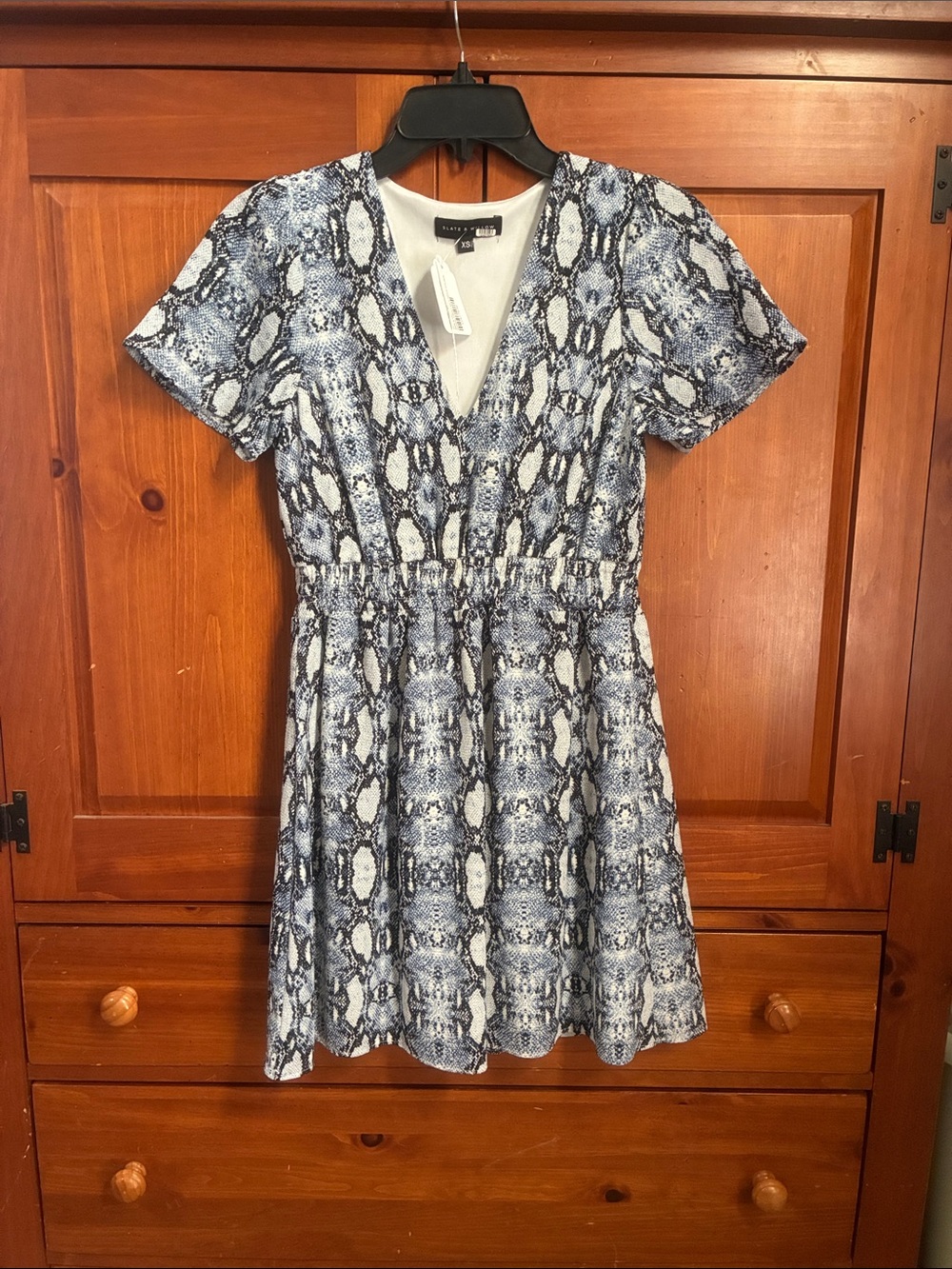 Slate & Willow Blue Snake-Print V-Neck Mini Dress